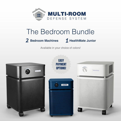 Advertisement for Multi-Room Defense System Bedroom Bundle with three air purifiers on a white background.