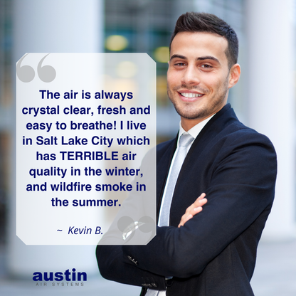 Man in a suit with a quote about air quality in Salt Lake City and Austin Air Systems logo.